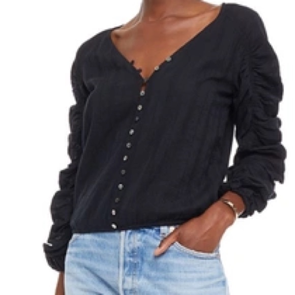 CAMI NYC Ruched Sleeve Button Front Blouse Black Textured V-Neck Size xs NWT - Picture 3 of 14